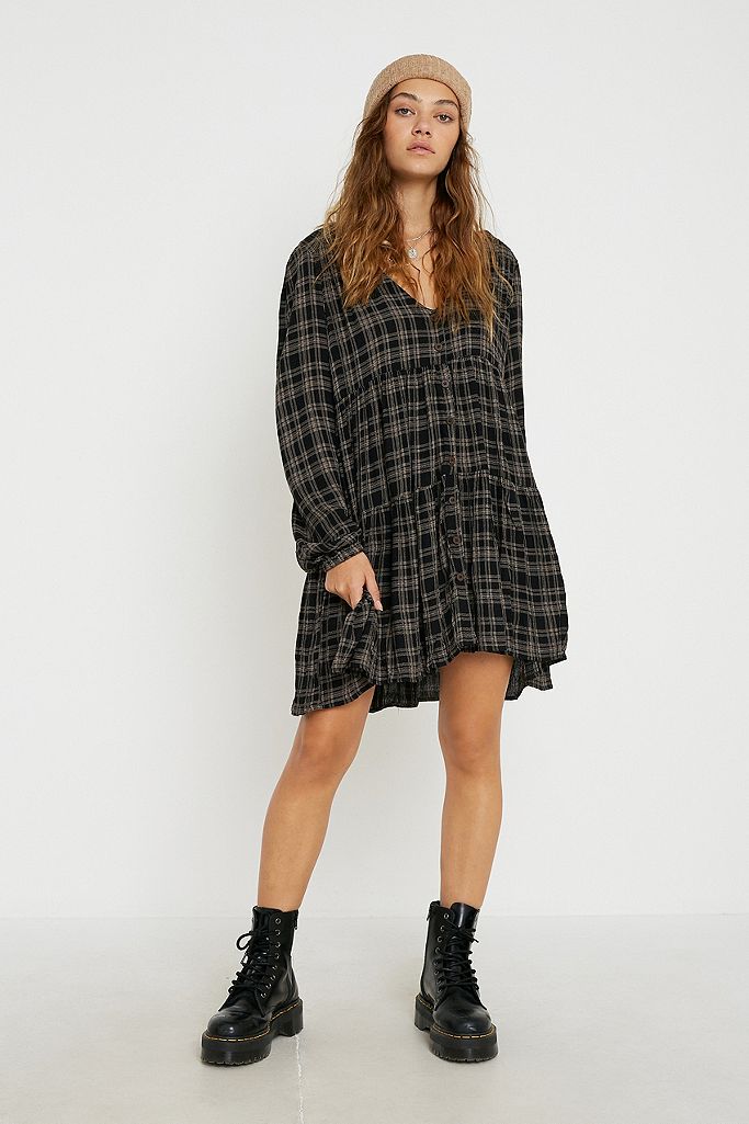 UO Check Tiered Mini Dress | Urban Outfitters UK
