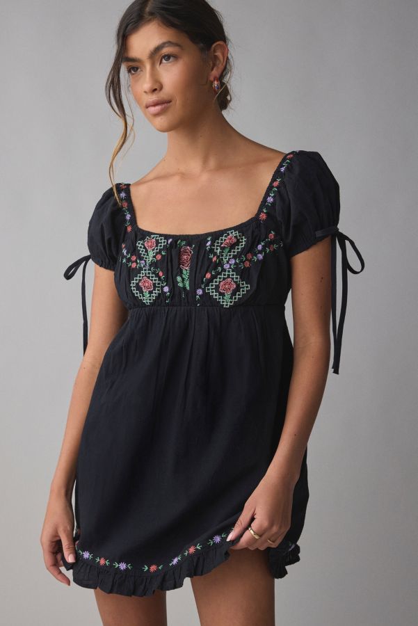 Slide View: 1: Kimchi Blue Marcella Embroidered Tie-Back Babydoll Mini Dress