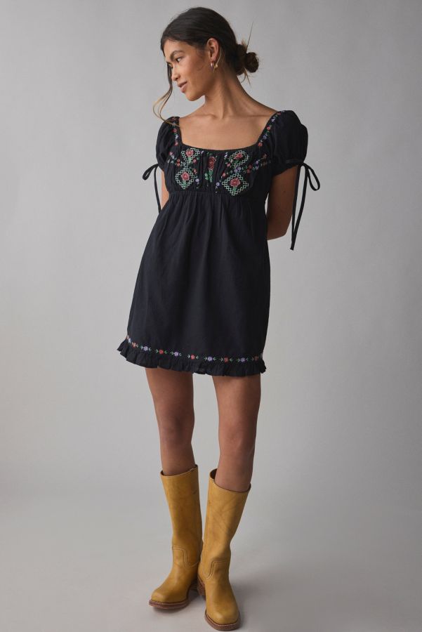 Slide View: 4: Kimchi Blue Marcella Embroidered Tie-Back Babydoll Mini Dress