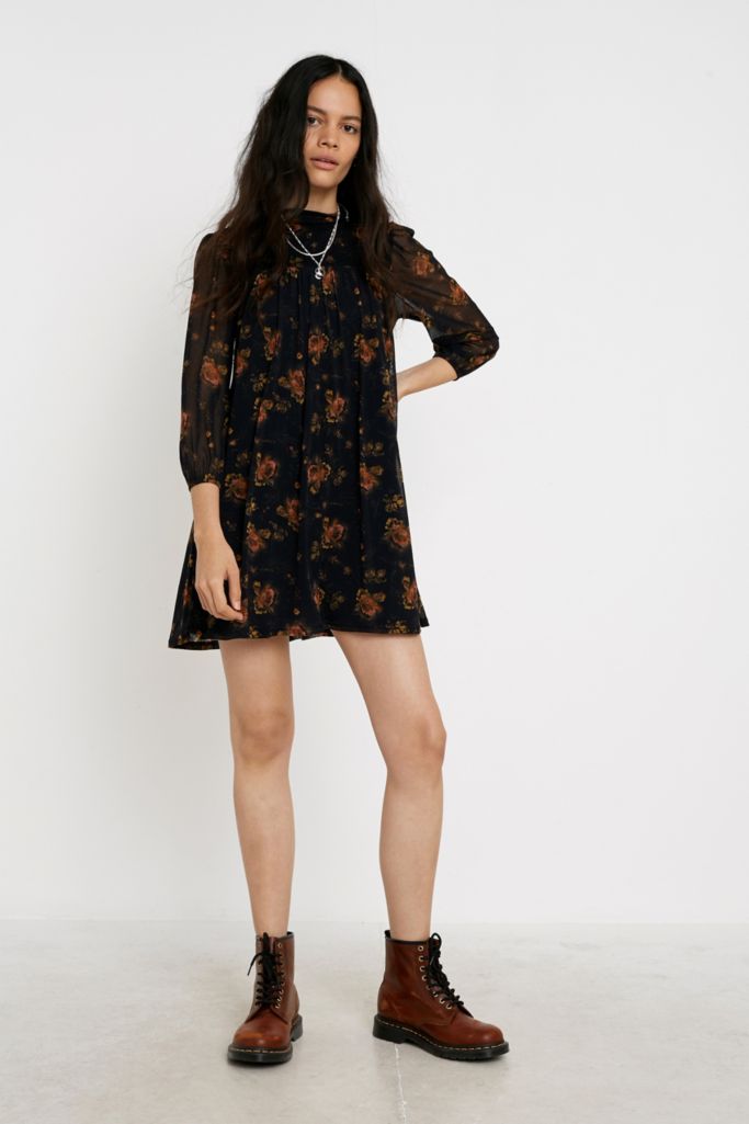 UO Floral Mesh Smock Mini Dress Urban Outfitters UK