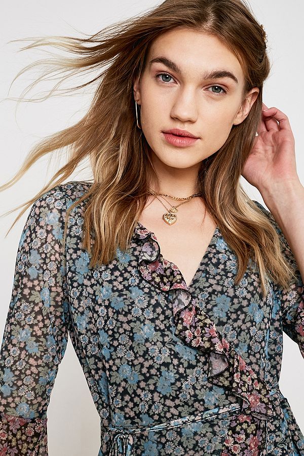 UO Mixed Floral Mesh Wrap Dress | Urban Outfitters UK