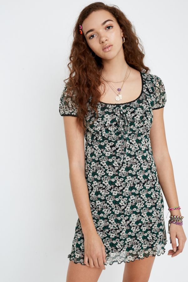 UO Effie Green Floral Mesh Mini Dress | Urban Outfitters UK