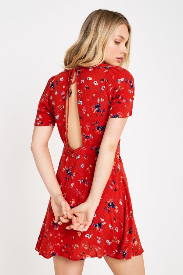 UO Red Floral Print Mini Tea Dress Urban Outfitters UK