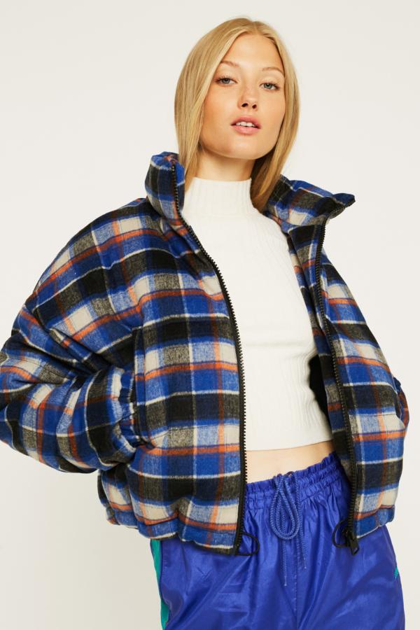 UO Check Print Wool Crop Puffer Jacket | Urban Outfitters UK
