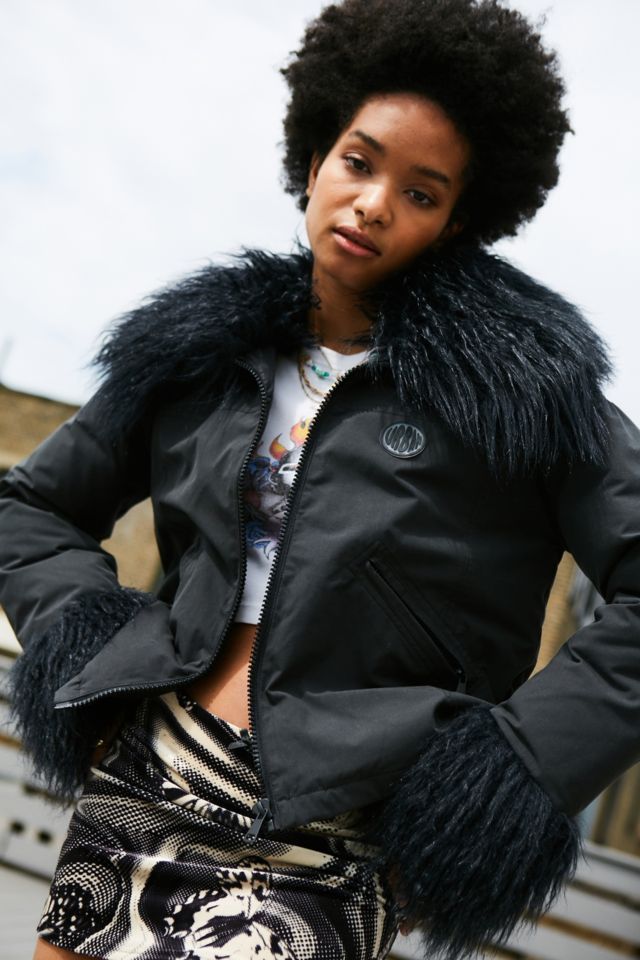 UO Black Olivia Faux Fur Trim Crop Jacket | Urban Outfitters UK