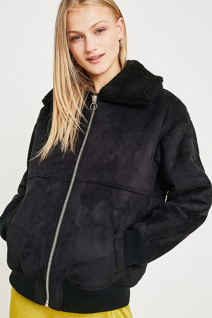 UO Black Faux Suede + Borg Bomber Jacket | Urban Outfitters UK