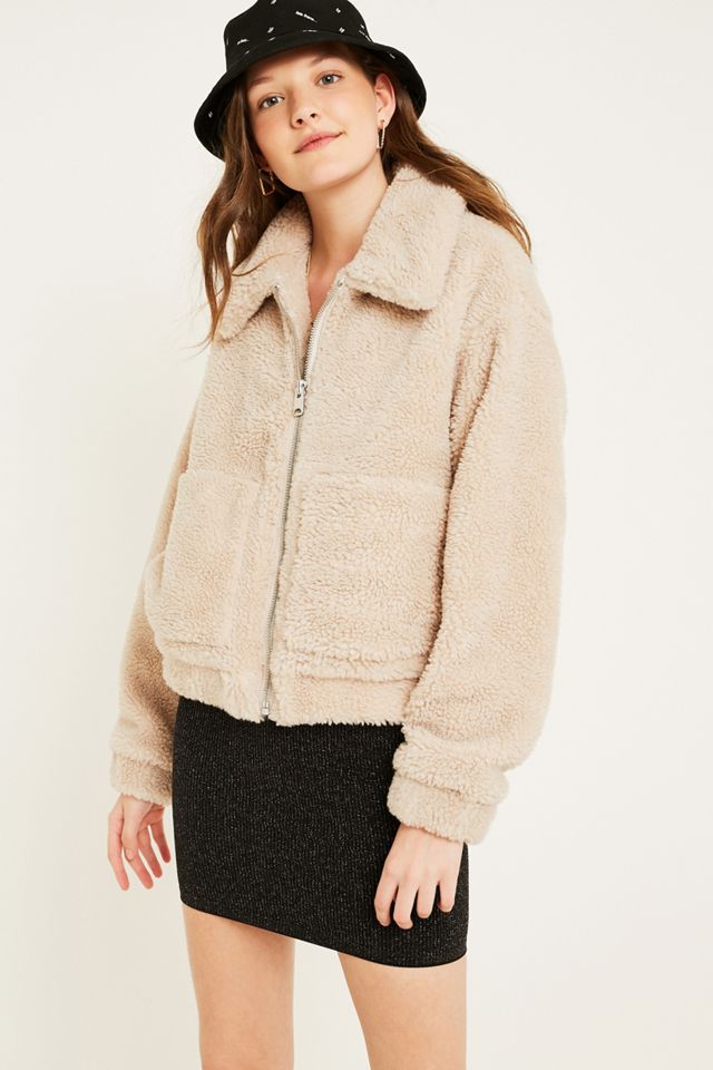 UO Cream Teddy Crop Jacket | Urban Outfitters UK