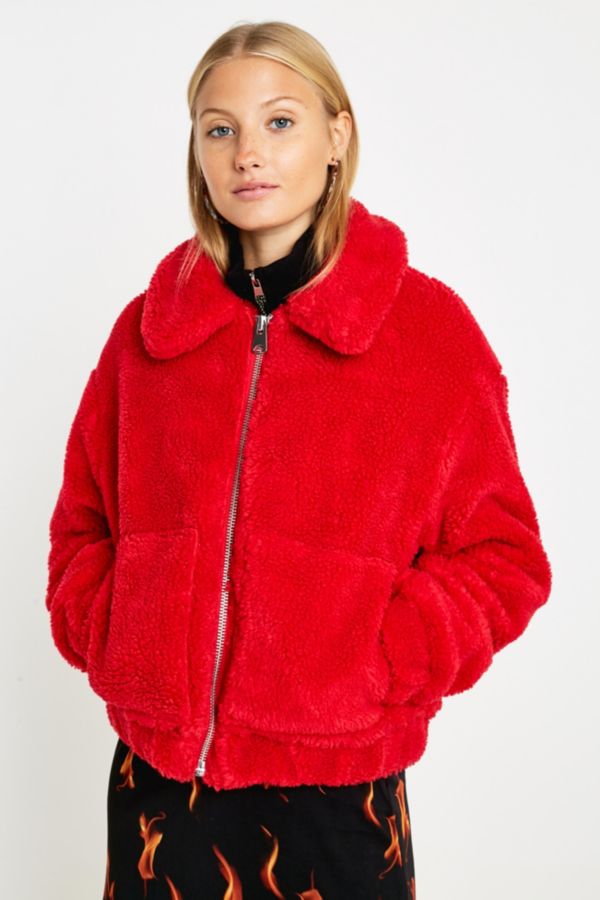 UO Red Teddy Crop Jacket | Urban Outfitters UK