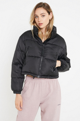 black cropped puffer jacket with hood