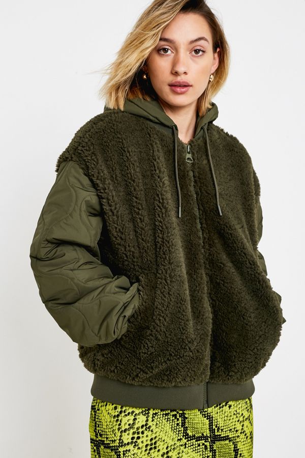 UO Khaki Mixed Media Bomber Jacket Urban Outfitters UK