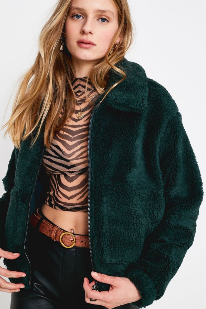 UO Green Crop Teddy Jacket | Urban Outfitters UK