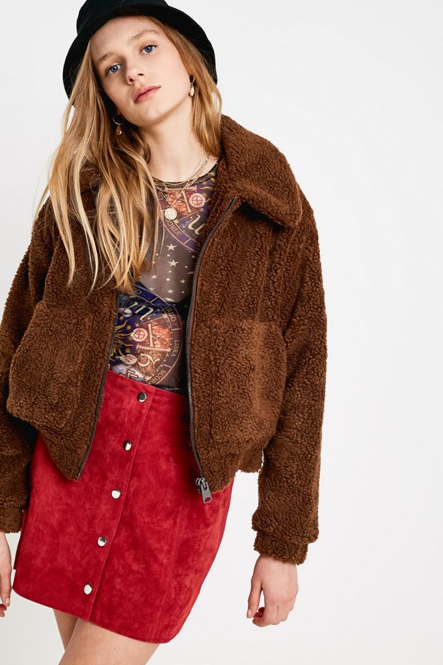 UO Brown Cropped Teddy Jacket Urban Outfitters UK