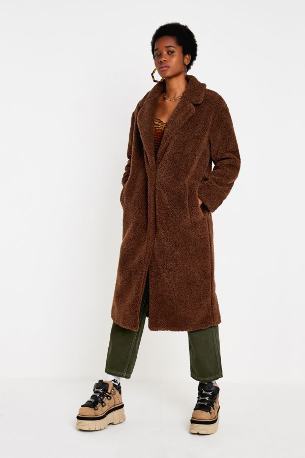 UO Long Brown Teddy Coat | Urban Outfitters UK