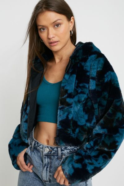 Uo Faux Fur Floral Hooded Crop Jacket Urban Outfitters Uk