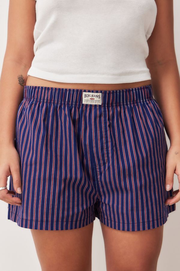 Slide View: 2: BDG Navy And Red Stripe Boxer Shorts