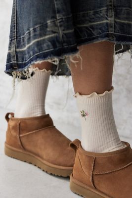 Out From Under Floral Embroidered Lettuce-Edge Socks