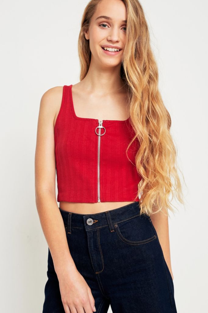 UO Zip-Front Ribbed Red Cropped Cami | Urban Outfitters UK