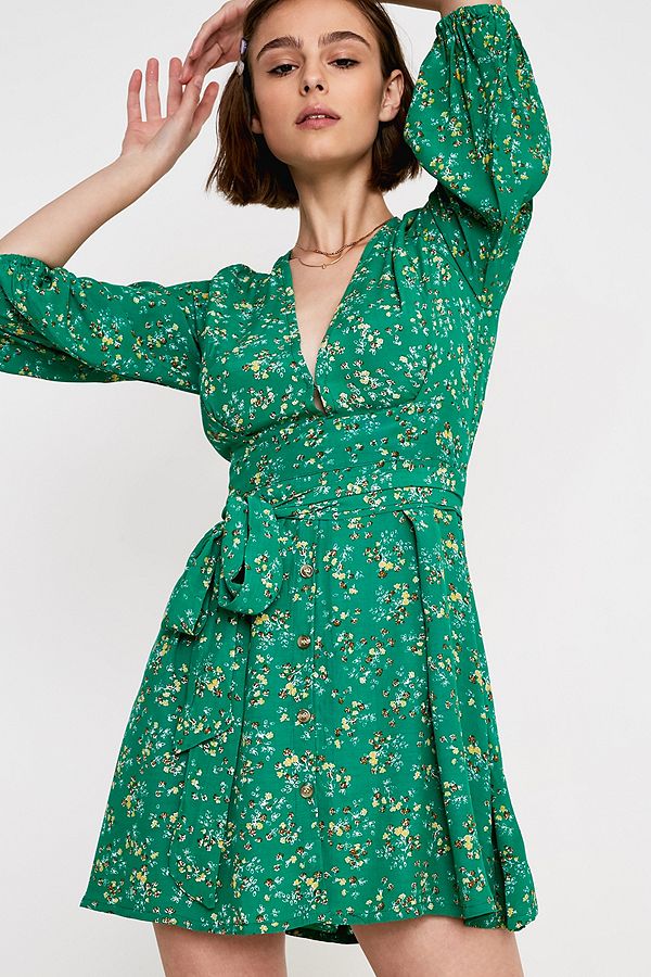 Faithfull The Brand Margo Green Floral Mini Dress | Urban Outfitters UK