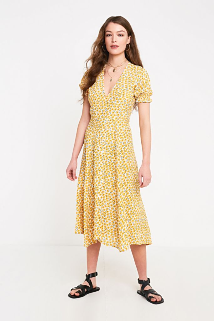 Faithfull The Brand Ari Yellow Floral Midi Dress | Urban Outfitters UK