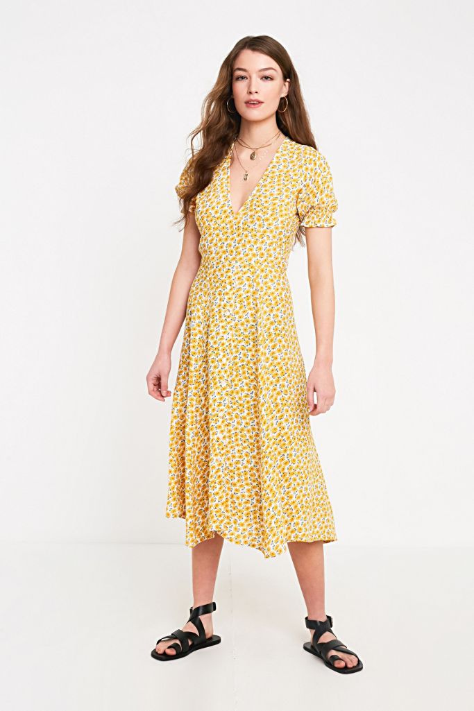 Faithfull The Brand Ari Yellow Floral Midi Dress Urban Outfitters UK