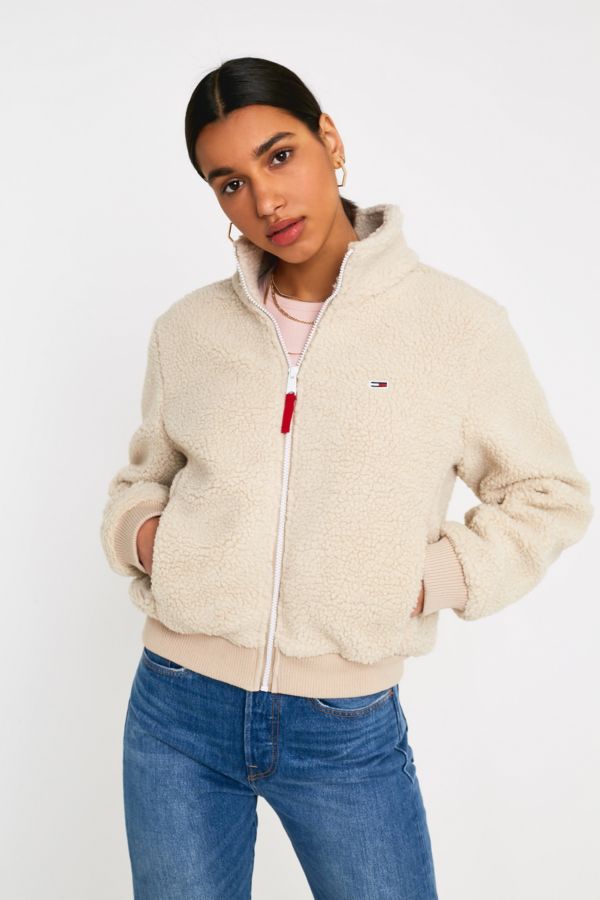 Tommy Jeans Cream Sherpa Bomber Jacket | Urban Outfitters UK