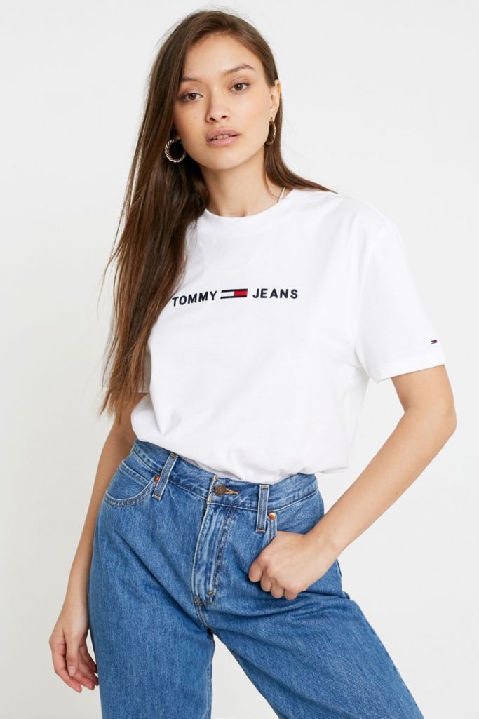 Tommy Jeans Clean White Linear Logo T-Shirt | Urban Outfitters UK