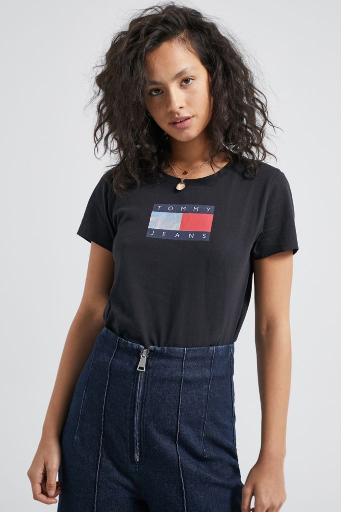 Tommy Jeans Metallic Logo Black T-Shirt | Urban Outfitters UK