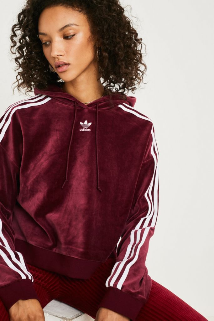 adidas Originals Maroon Velour Cropped Hoodie | Urban Outfitters UK