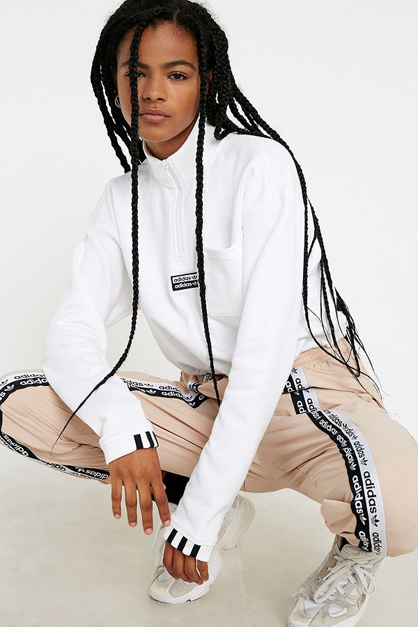 adidas Originals White Cropped Half Zip Sweatshirt | Urban adidas 3 Stripe Black Partial Zip Sweatshirt in 2019