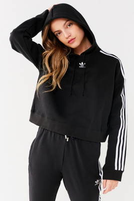 adidas Originals 3-Stripe Black Crop Hoodie | Urban Outfitters UK