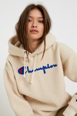 Champion Sherpa Script Logo Ecru Hoodie | Urban Outfitters UK