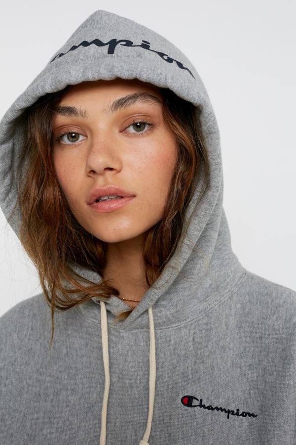 Champion UO Exclusive Script Logo Grey Hoodie | Urban Outfitters UK