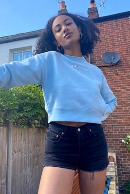 blue cropped champion shirt