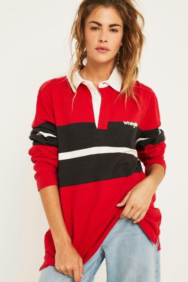 Wrangler Salsa Red Long-Sleeve Polo Rugby Shirt | Urban Outfitters UK