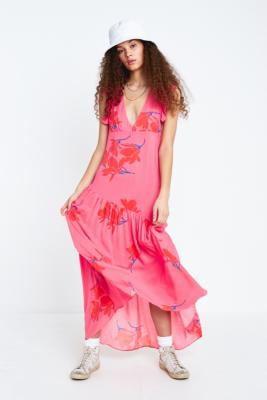 she's a waterfall hot pink floral print ruffled maxi dress
