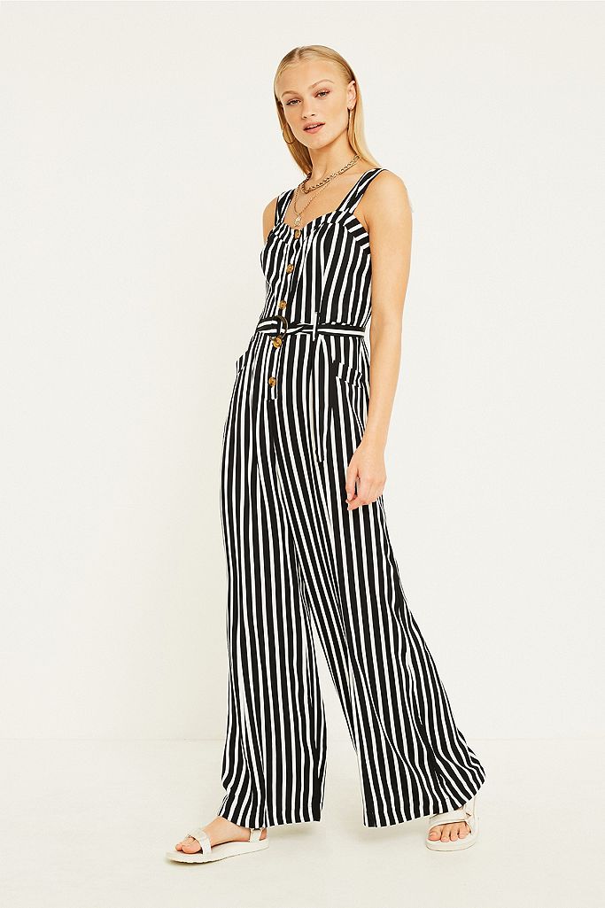 Free People City Girl Black Vertical Stripe Jumpsuit | Urban Outfitters UK