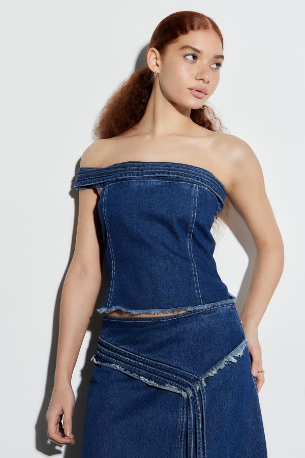 Vista diapositiva: 1: Lioness Madame Top Asimmetrico Off-The-Shoulder in Denim