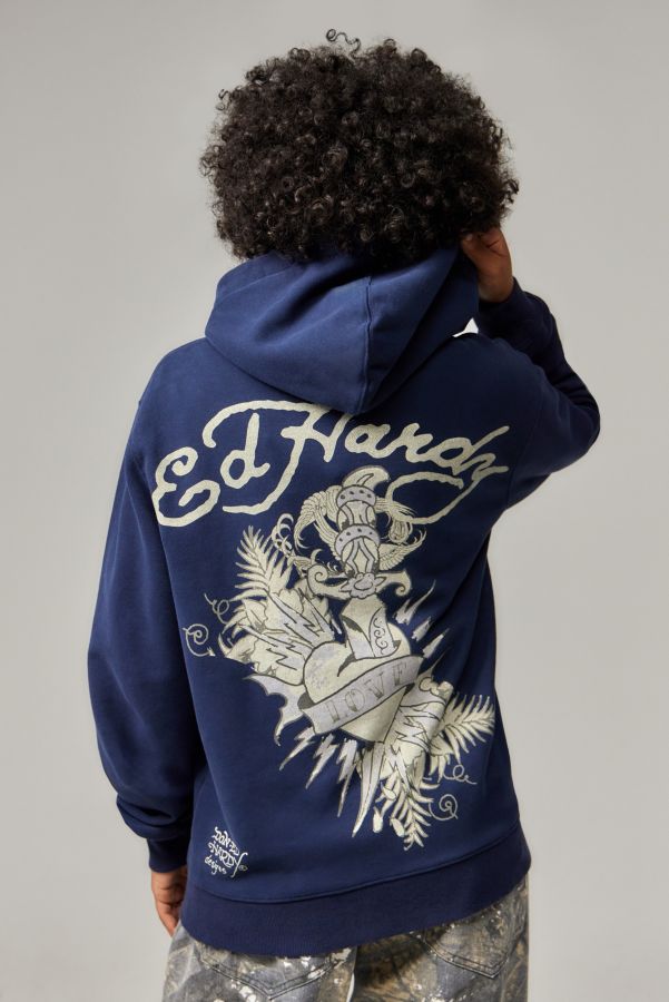 Slide View: 1: Sweat à capuche zippé bleu marine Ed Hardy UO Exclusive Sword