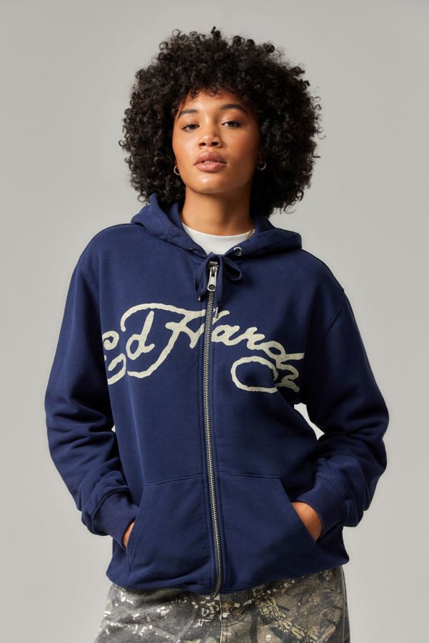 Vista diapositiva: 2: Ed Hardy UO Esclusiva Felpa con Cappuccio e Zip Navy Spada