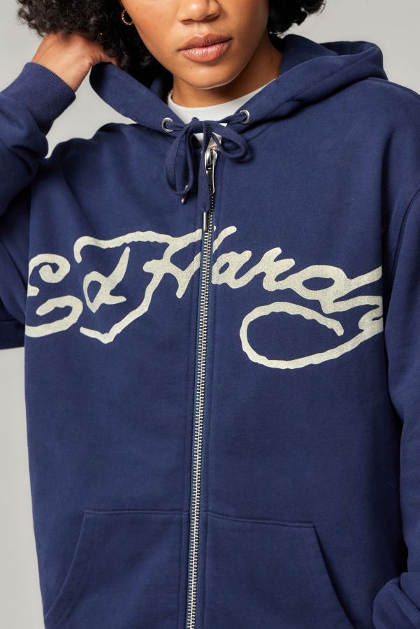 Slide View: 3: Sweat à capuche zippé bleu marine Ed Hardy UO Exclusive Sword