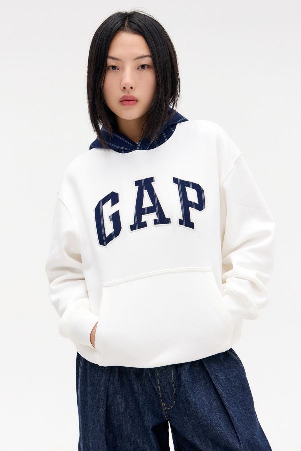 Slide View: 1: GAP White Pinstripe Logo Hoodie