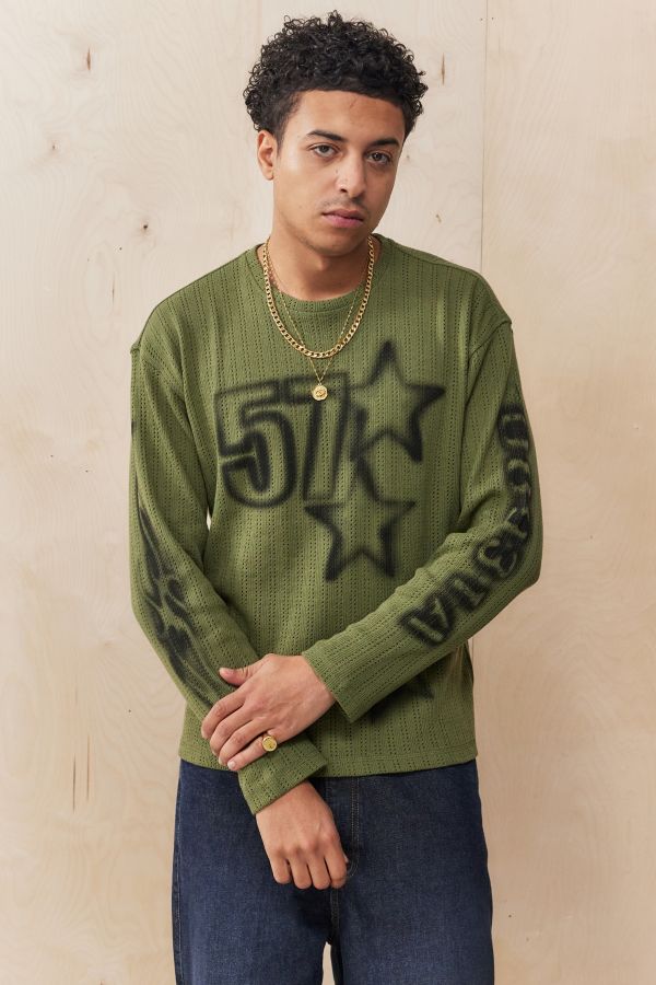 Slide View: 1: UO Khaki Pointelle Long Sleeve T-Shirt