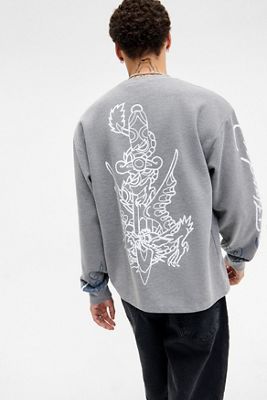 Ed Hardy UO Exclusive Grey Sword Dragon Waffle Long Sleeve T-Shirt