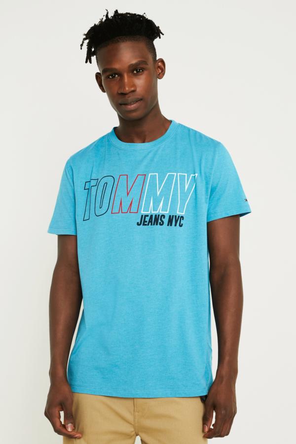 Tommy Jeans Block Logo Blue T-Shirt | Urban Outfitters UK