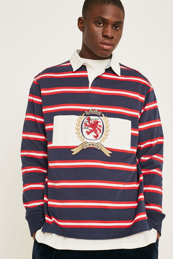 Tommy Jeans Crest Collection Navy Stripe Rugby Shirt Urban Outfitters UK