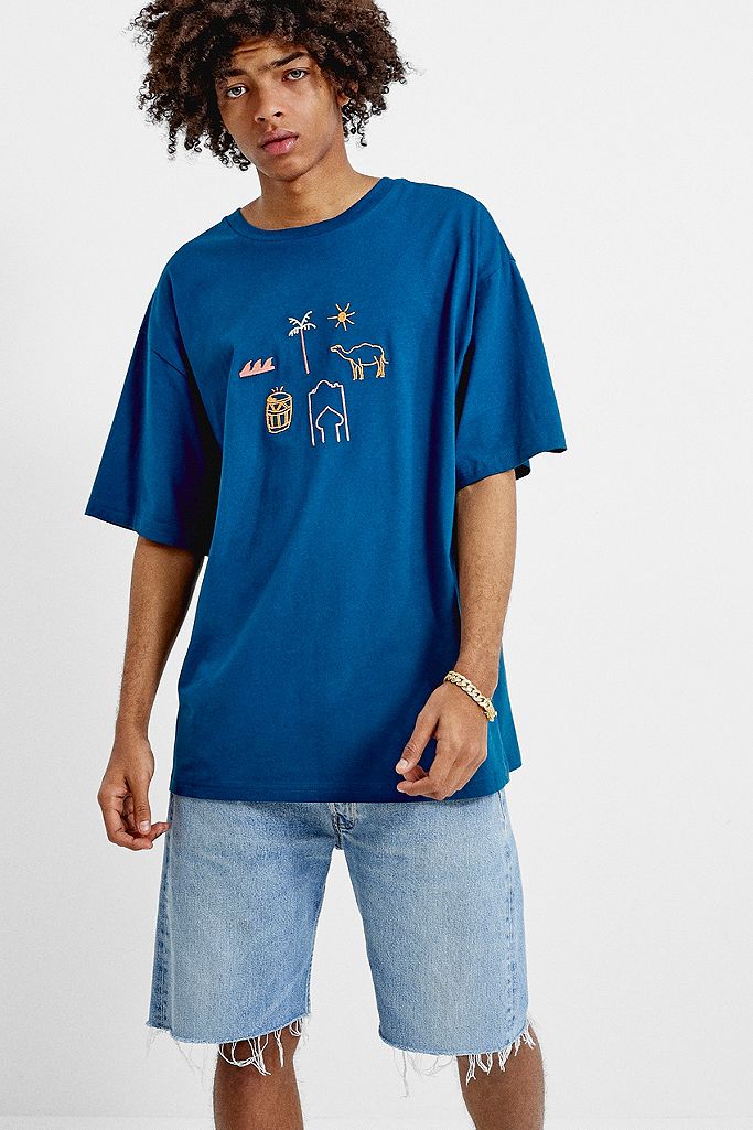 UO Embroidered Symbol Blue T-Shirt | Urban Outfitters UK
