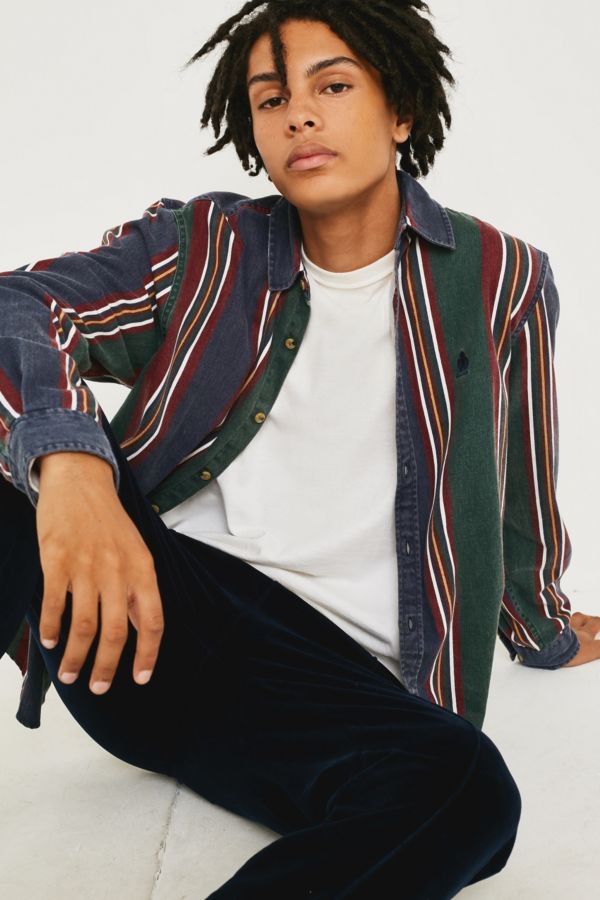 UO Retro Blue and Green Vertical Stripe Shirt | Urban Outfitters UK