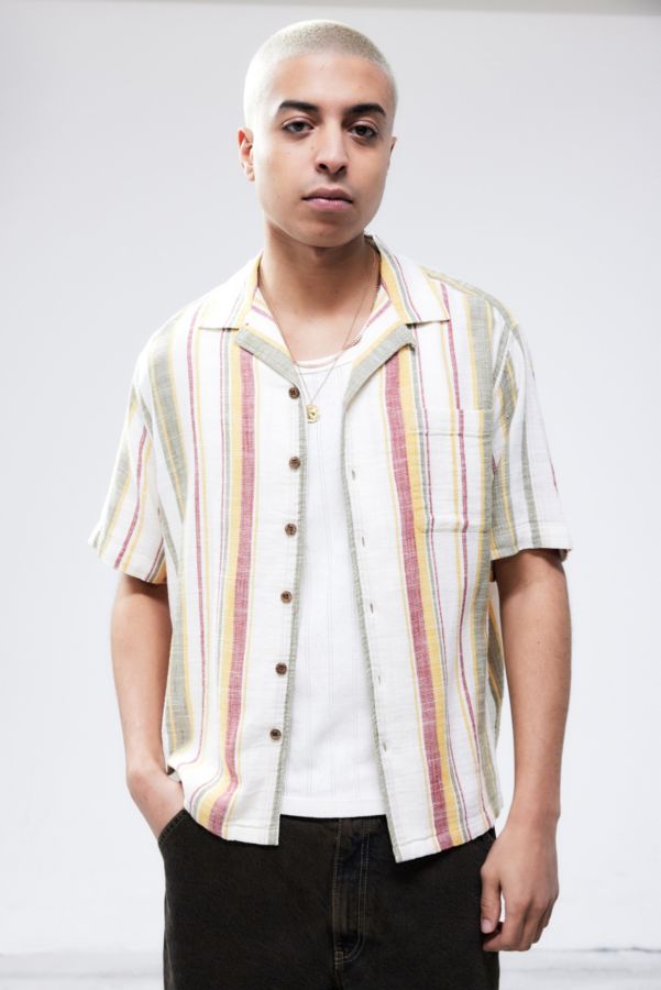 Slide View: 1: UO White & Red Stripe Gauze Short-Sleeved Shirt