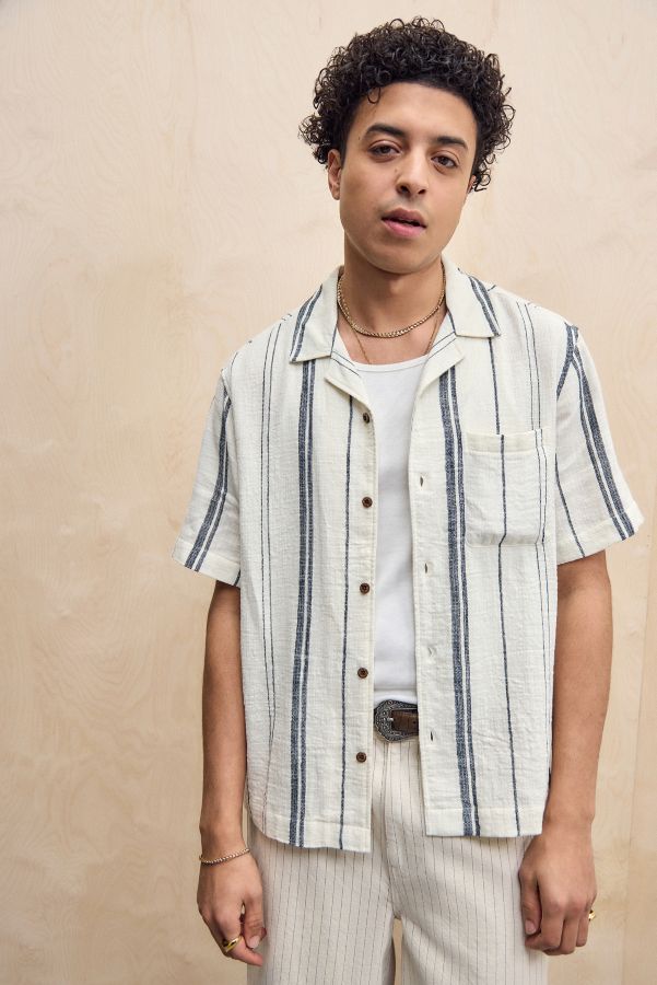 Slide View: 1: BDG White & Navy Nico Stripe Shirt