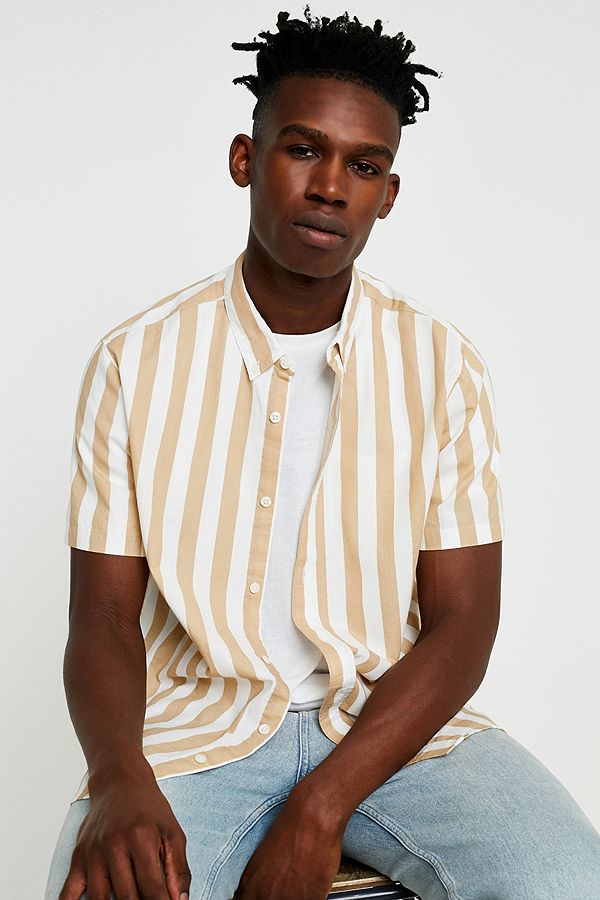 UO Preppy Stripe Sand Short-Sleeve Shirt | Urban Outfitters UK